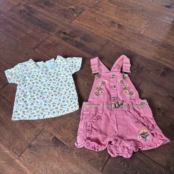 Little Lass Girls 18 Month Summer Outfit Shortalls Overalls Floral Pink Orange - Picture 2 of 7